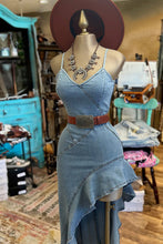 Load image into Gallery viewer, Retro Spaghetti Straps V-neck Ruffle Draped Washed Denim Midi Dress
