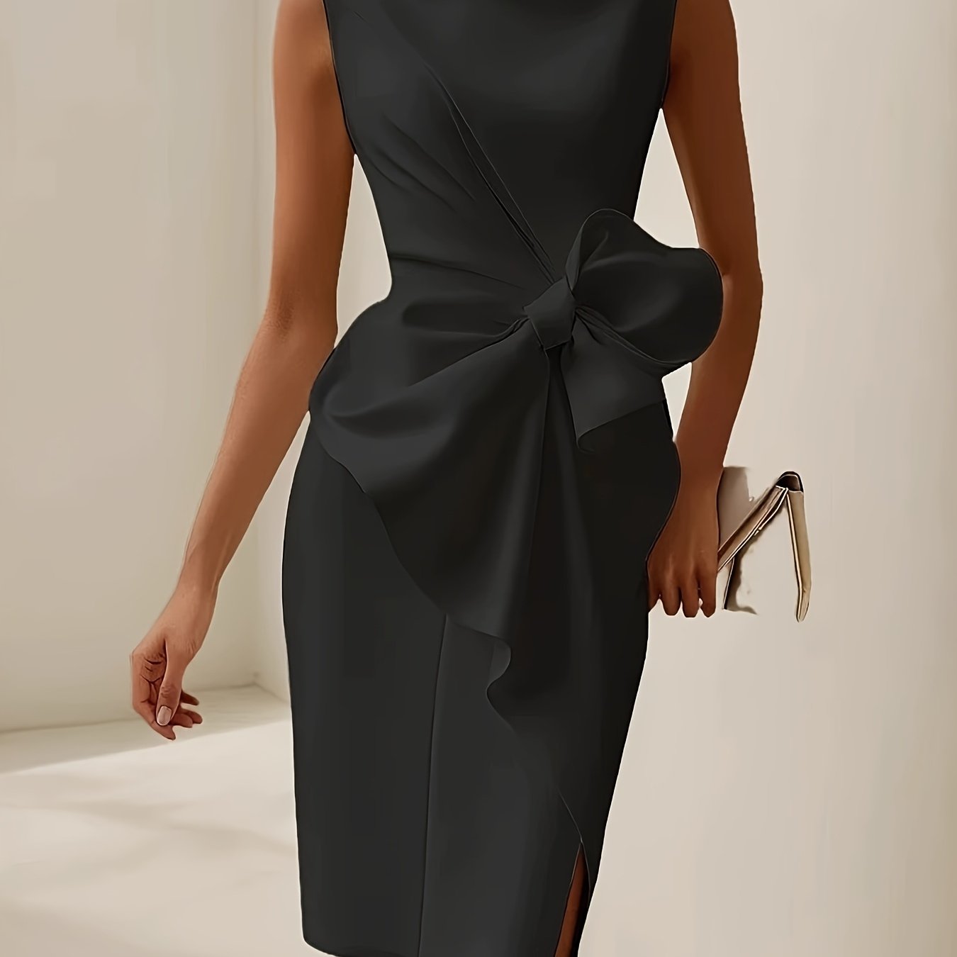 Elegant Sleeveless Crew Neck Bow Ruched Mini Dress