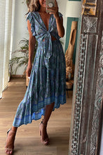 Load image into Gallery viewer, Hippie Boho Printed Tie Front Ruffle Sleeve Smocked Midi Dress
