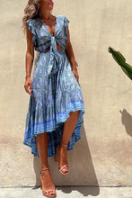 Load image into Gallery viewer, Hippie Boho Printed Tie Front Ruffle Sleeve Smocked Midi Dress

