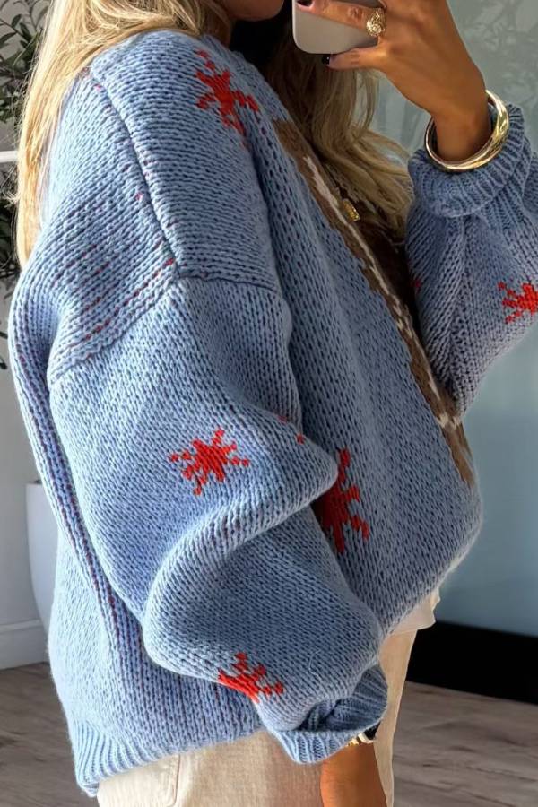 Christmas Boot Pattern Round Neck Dropped Shoulder Sweater