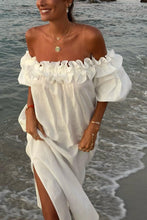 Load image into Gallery viewer, White Off Shoulder Ruffle Short Sleeve Slit Front Midi Dress
