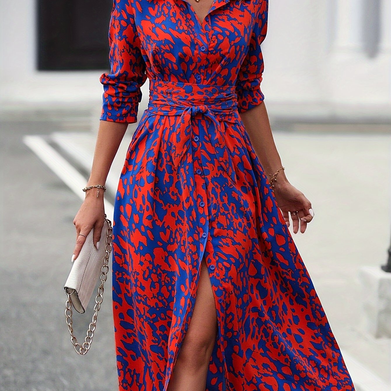 Elegant Long Sleeve Cinched Waist Allover Print Button Down Midi Dress