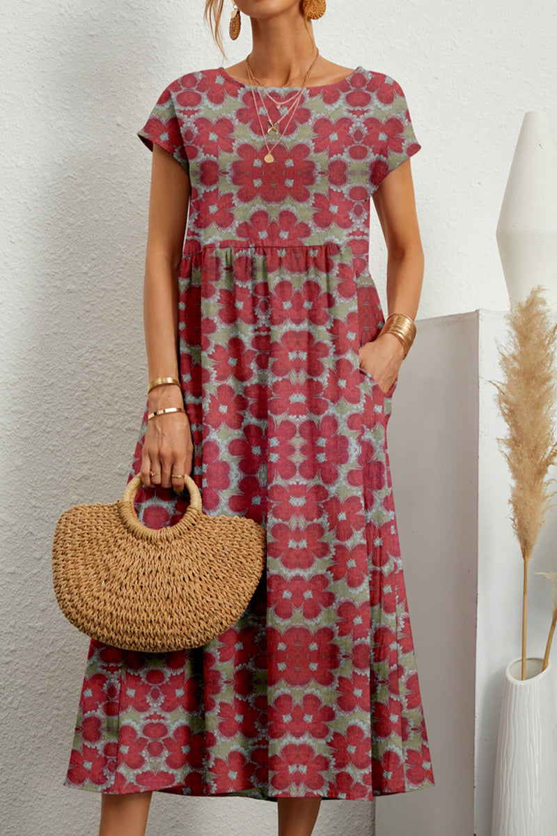 Casual Floral Pocket Round Neck Midi Dress