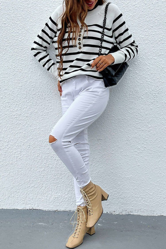 Classic Crew Neck Button Long Sleeves Striped Sweater