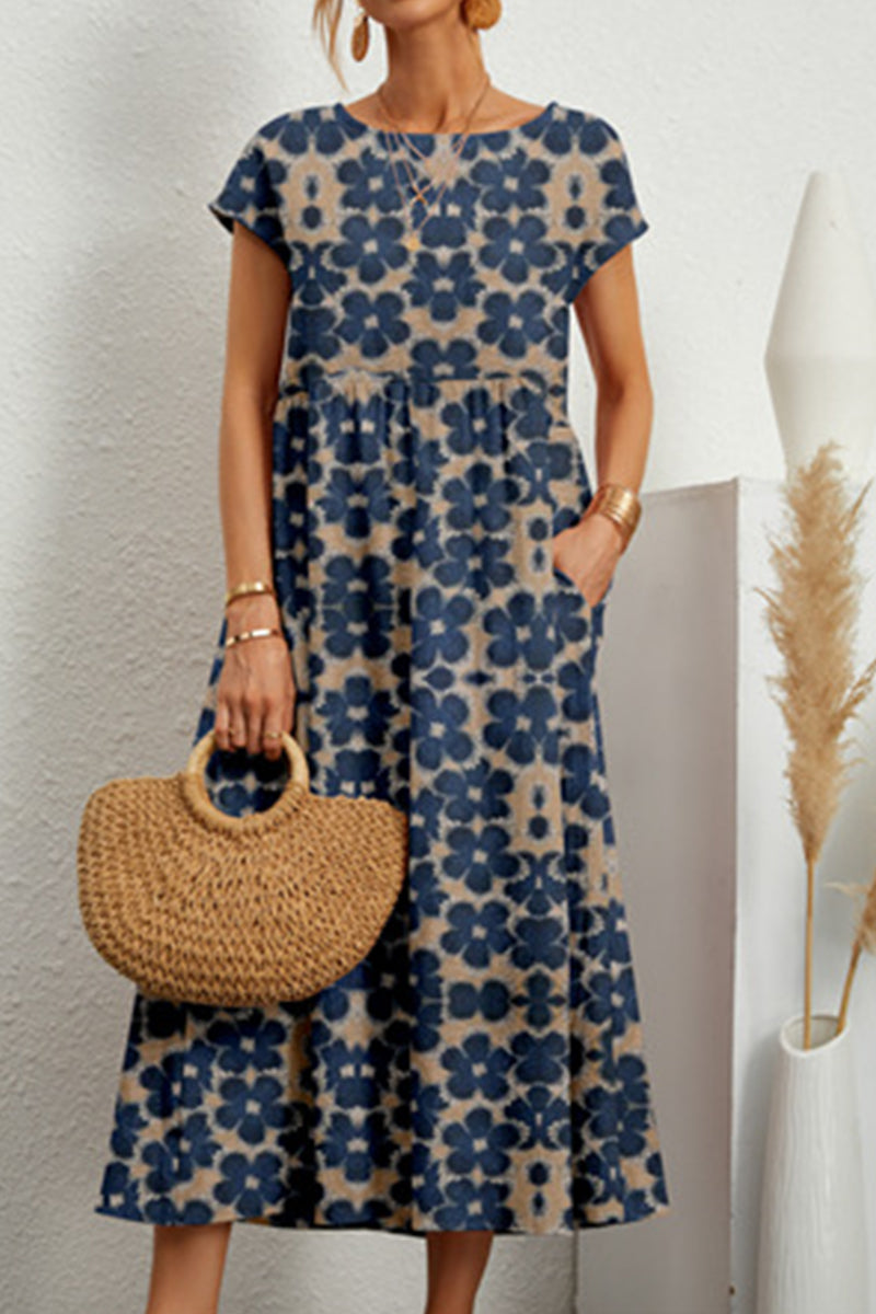 Casual Floral Pocket Round Neck Midi Dress
