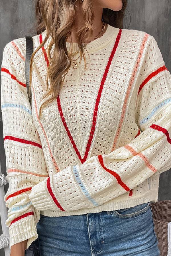 Apricot Striped Crew Neck Pullover Knit Sweater