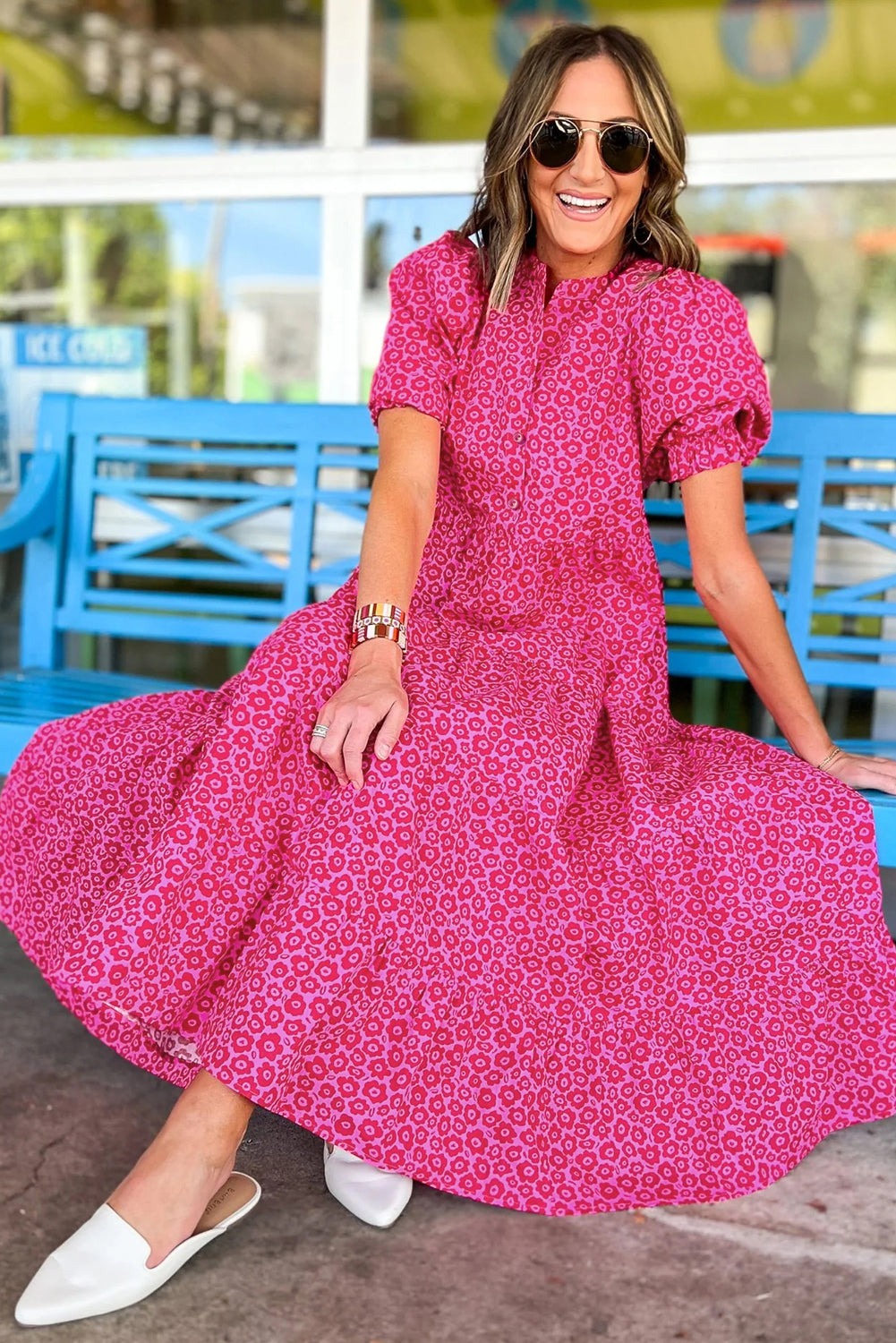 Hot Pink Floral Mock Neck Puff Sleeve Tiered Midi Dress