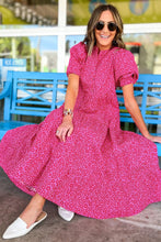 Load image into Gallery viewer, Hot Pink Floral Mock Neck Puff Sleeve Tiered Midi Dress

