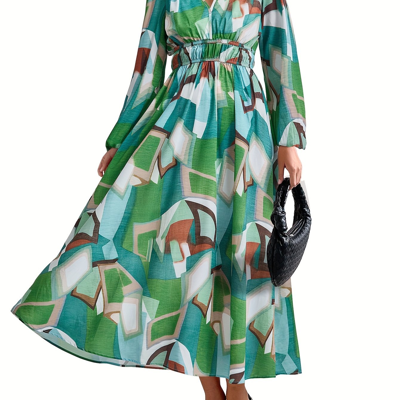 Casual Floral V Neck Long Sleeve Dress
