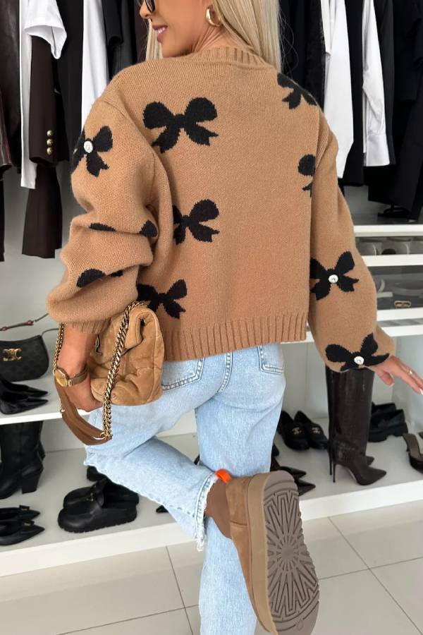 Bow Pattern Front Tie-up Long Sleeve Loose Cardigan