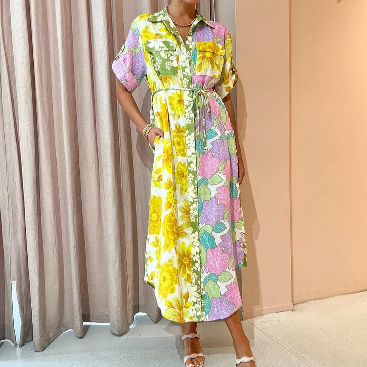Color Block Floral Print Buttons Down Midi Dress