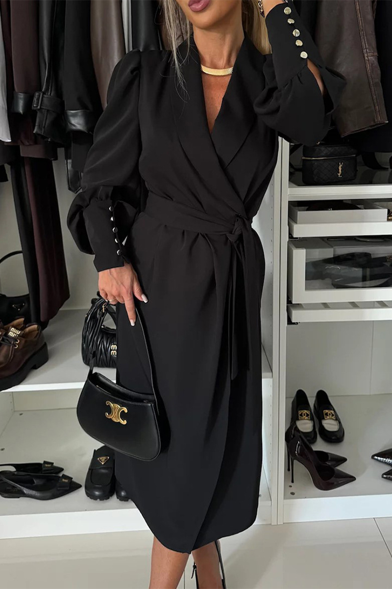 Elegant Long Buttons Sleeves V Neck Wrap Midi Dress