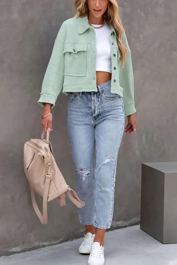 Classic Waffle Cardigan Short Top Jacket