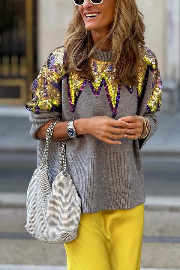 Long Sleeves Sequins Loose Knitted Sweater