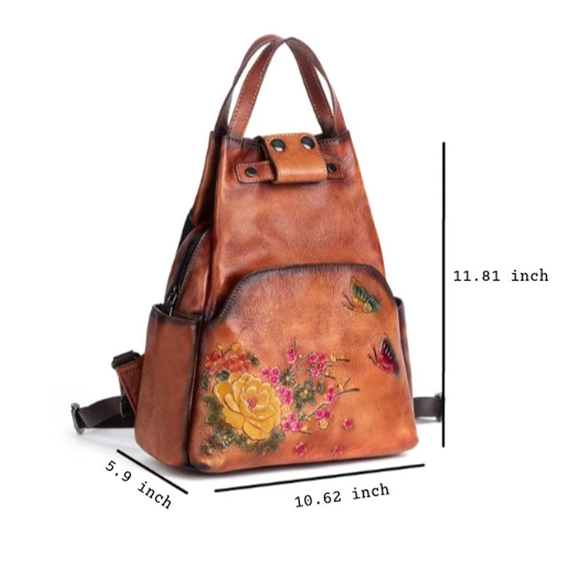 Floral Butterfly Embossed Leather Handbag  Women Backpack