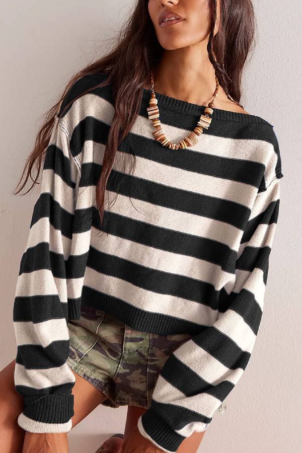 Loose Striped Print Crew Neck Long Sleeve Knitted Sweater