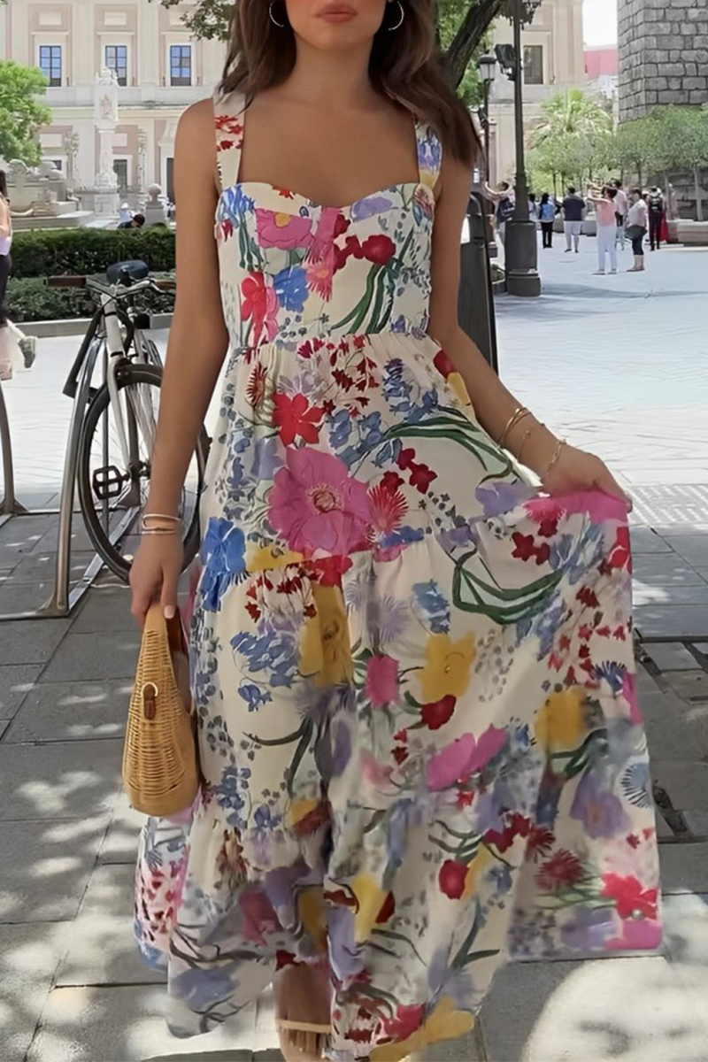Casual Floral Print Straps Midi Dress
