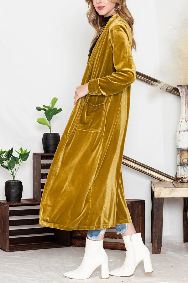 Elegant Yellow Velvet Open Front Pocket Long Coat