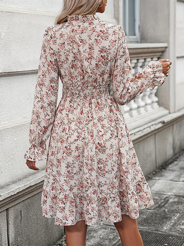Floral Long Sleeves V-Neck Midi Dress
