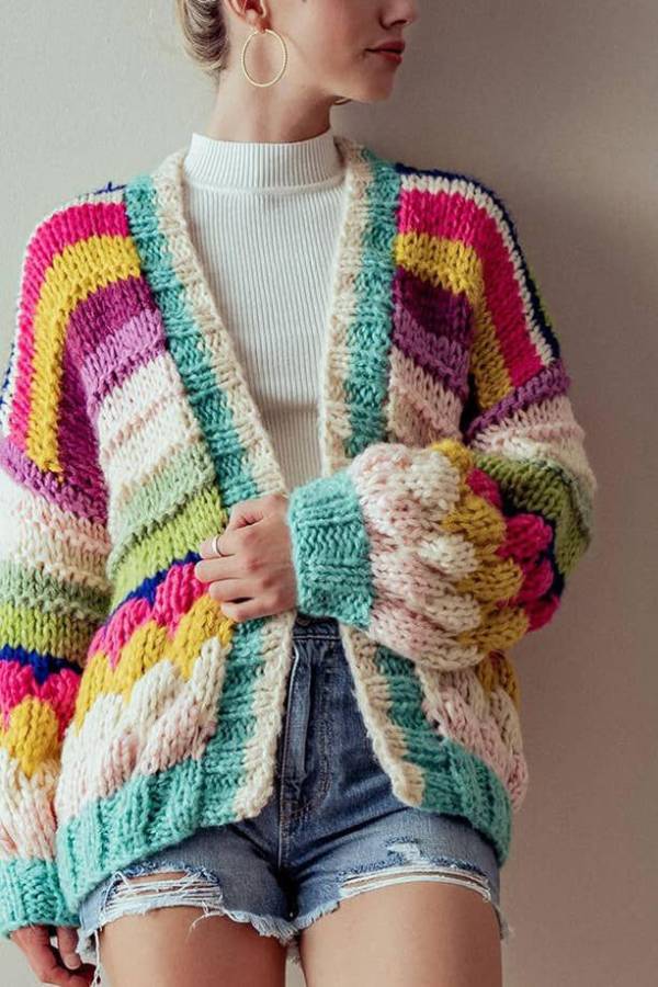 Colorful Striped Chunky Knit Cardigan Jacket