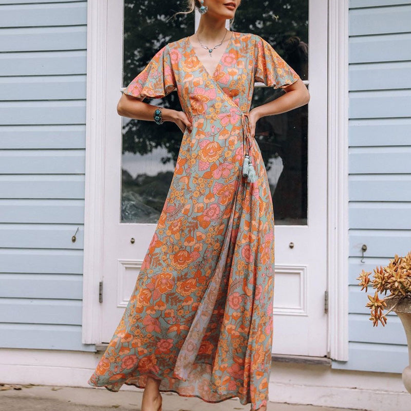 Vintage Boho Orange Floral Print Maxi Wrap Dress