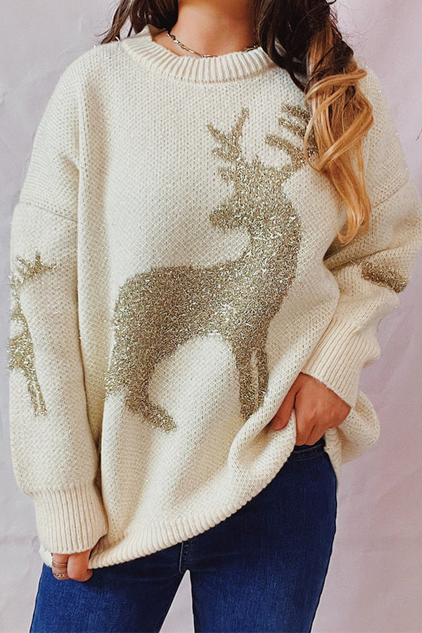 Christmas Elk Knitted Crew Neck Long Sleeved Sweater