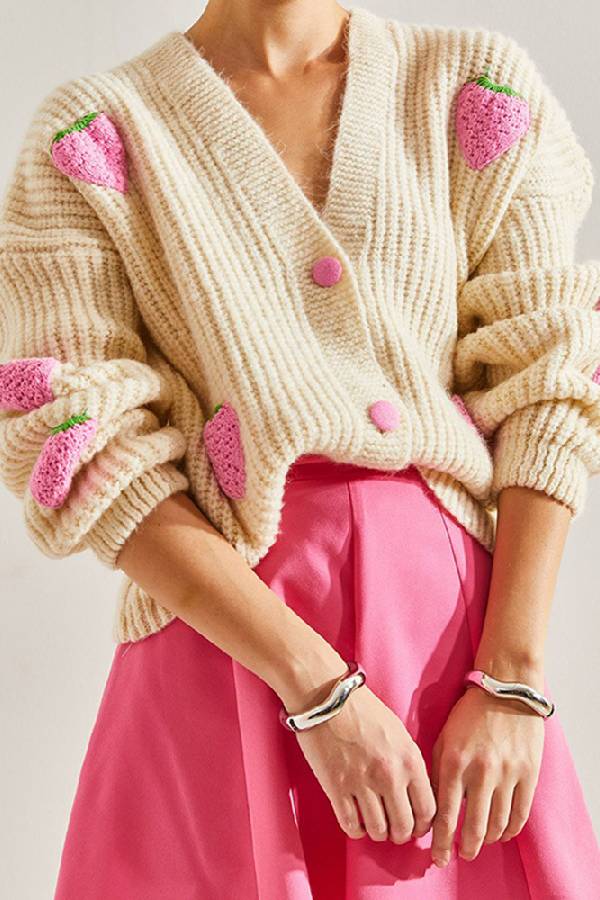 Sweet Beige Strawberry V-neck Cardigan Sweater