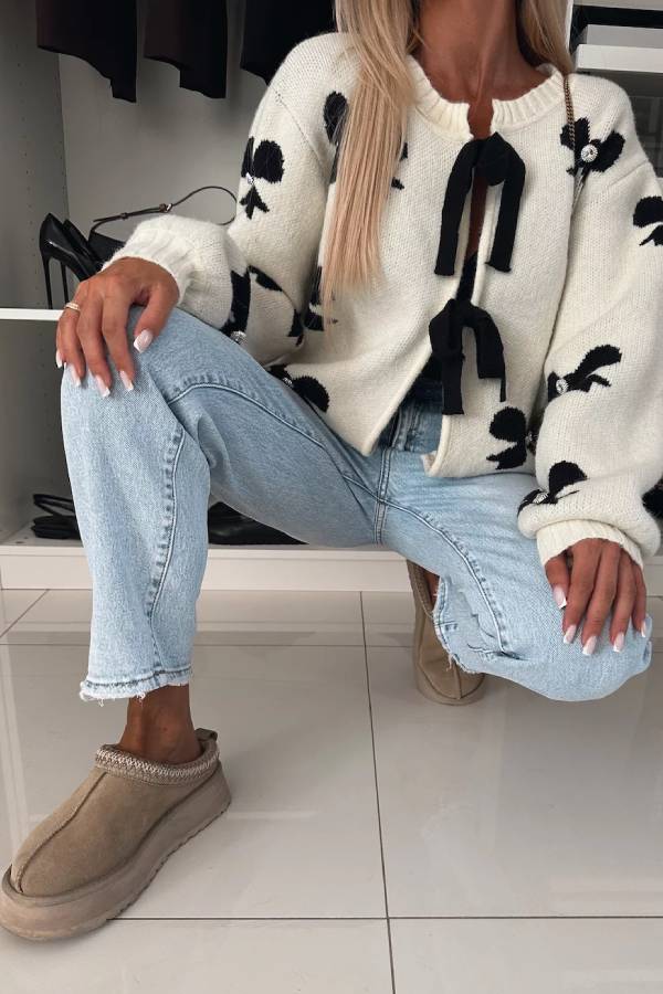 Bow Pattern Front Tie-up Long Sleeve Loose Cardigan