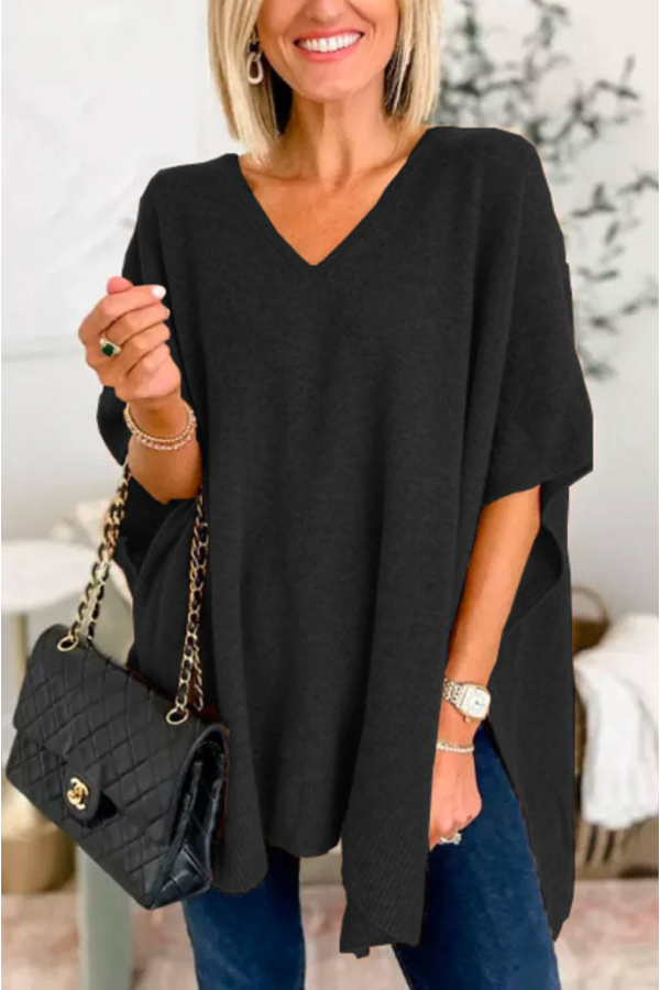 Classic V Neck Loose Fit Solid Poncho Sweater