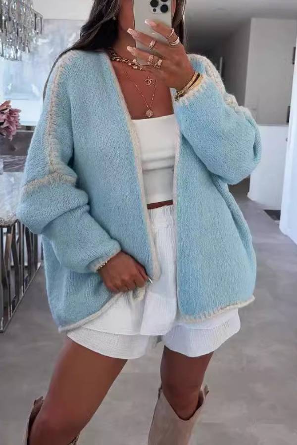 Casual Long-sleeved Loose Trimmed Knitted Cardigan