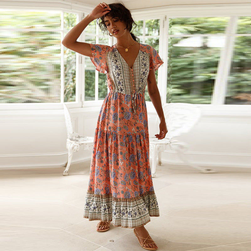 Pink Print Tiered Maxi Dress