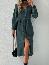 Load image into Gallery viewer, High Waisted Buttoned Leopard V-Neck Long Sleeve Midi Dress
