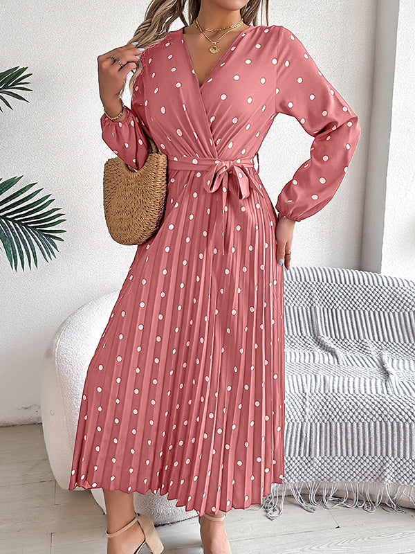 Classic V-neck Long Sleeves Polka Dots Print Midi Dress
