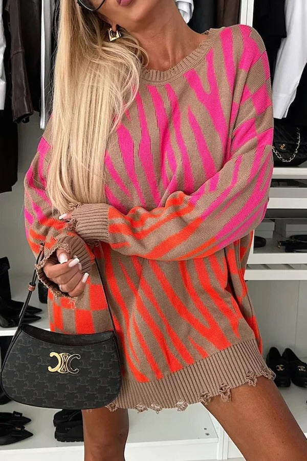 Unique Zebra Geometric Pattern Frayed Hem Loose Sweater