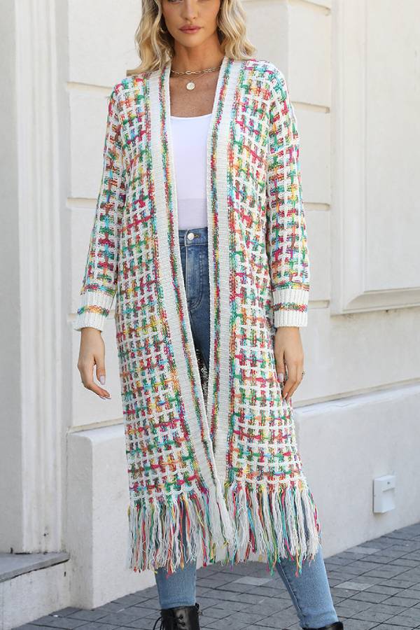 Color Block Fringed Long Cardigan Coat