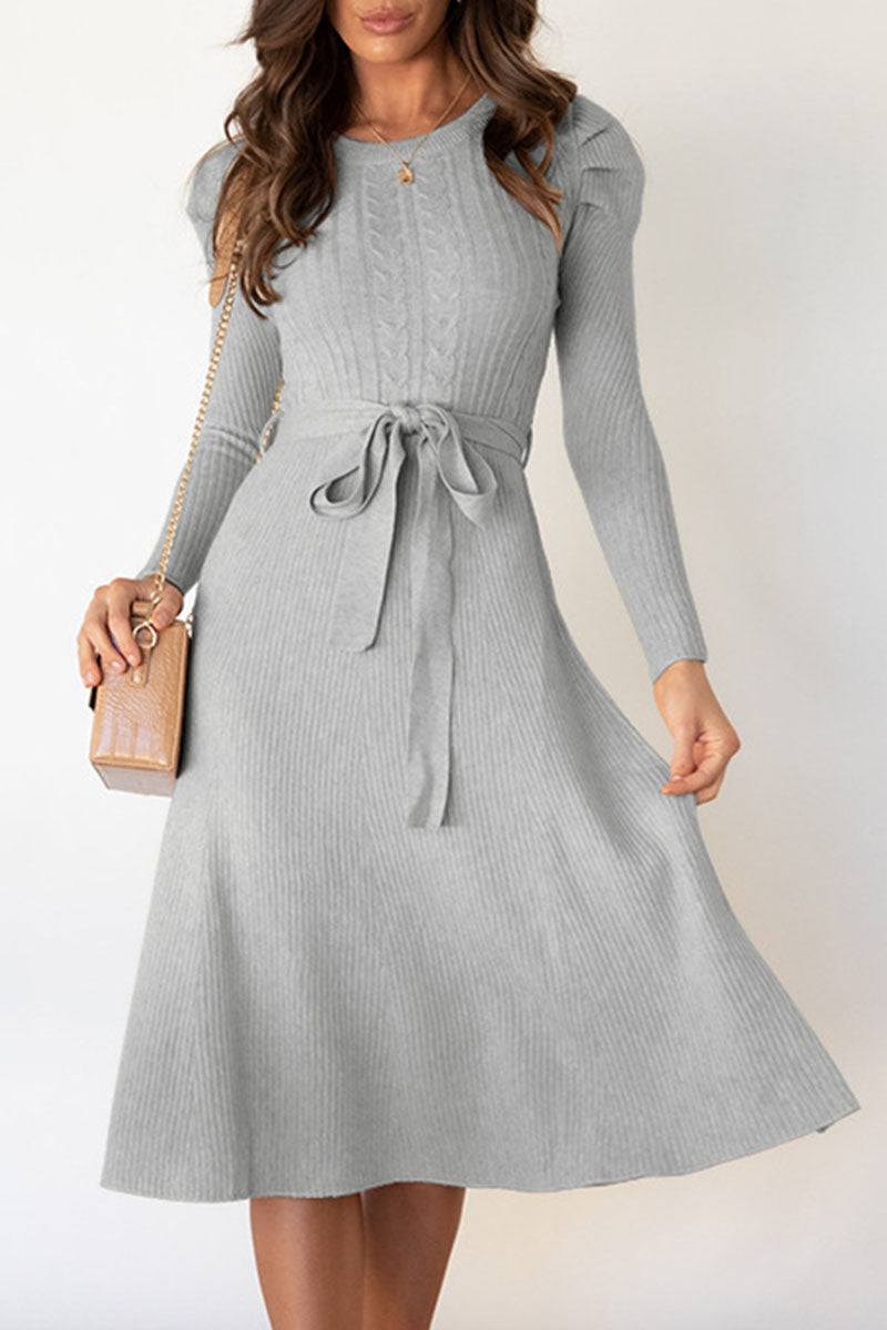 Casual Round Neck Tied Waist Long Sleeves Midi Sweater Dress