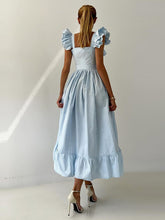 Load image into Gallery viewer, Striped Flutter Sleeves Single Buttons Down Breasted Midi Dress
