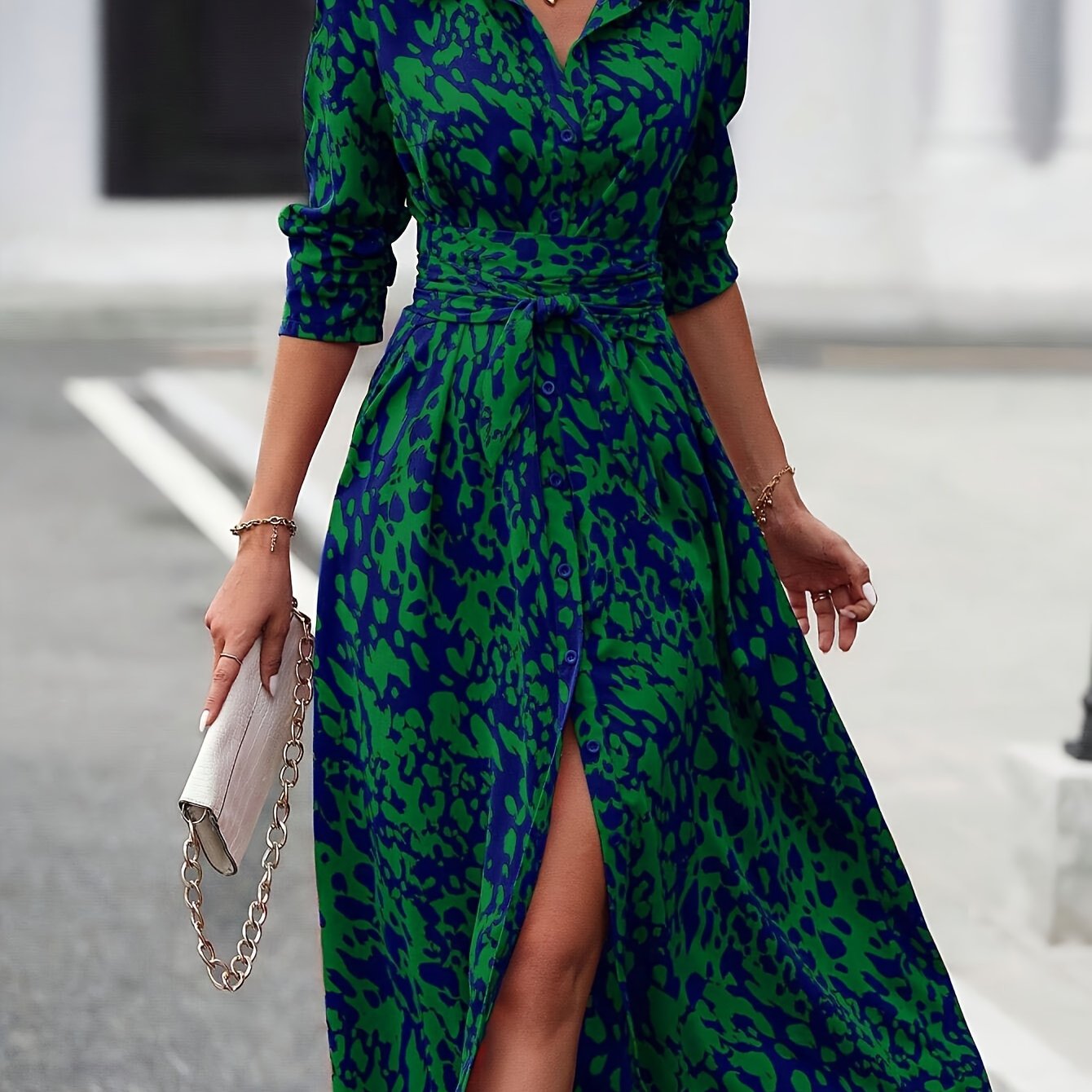 Elegant Long Sleeve Cinched Waist Allover Print Button Down Midi Dress