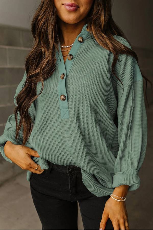 Casual Waffle Patchwork Drop Sleeve Henley Sweatshirt Top