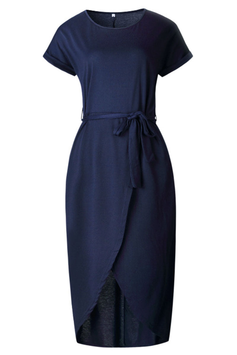 Casual Round Neck Irregular Ruched Slit Front Midi Dress