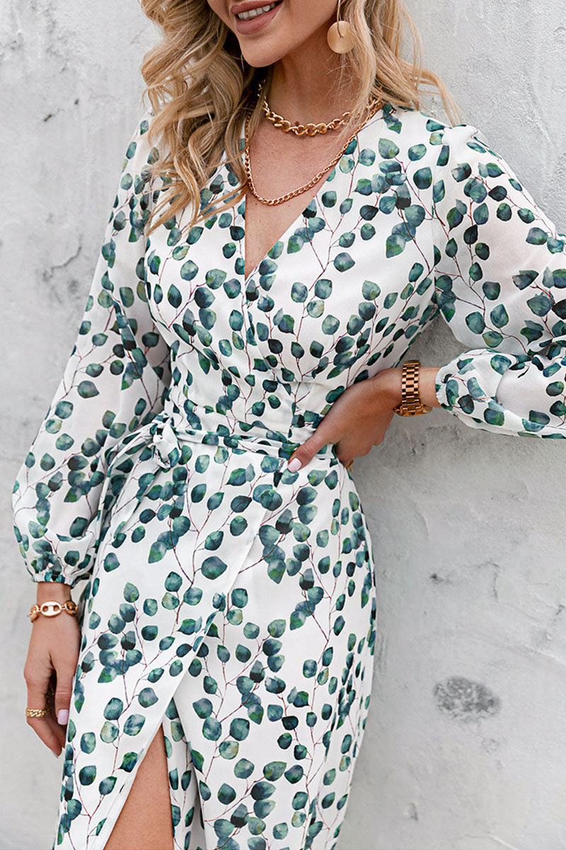 Fashion Print V Neck Long Sleeves Midi Dress
