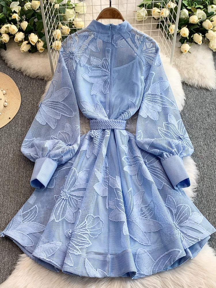 Elegant Hollow Out Lantern Long Sleeve Embroidery Mini Dress