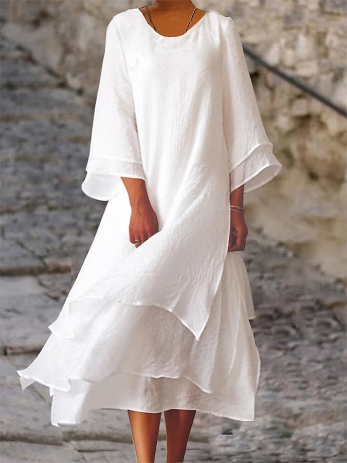 Cotton and Linen Contrasting Double Layer Vintage Midi Dress