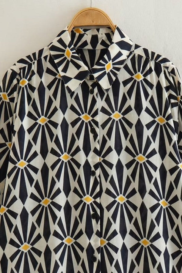 Black and White Print Long Sleeves Midi Dress