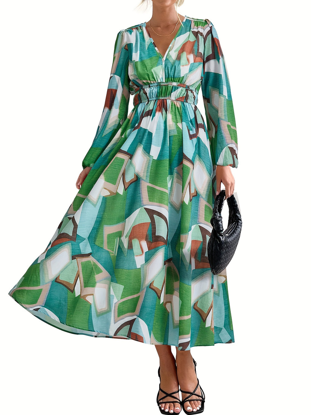 Casual Floral V Neck Long Sleeve Dress