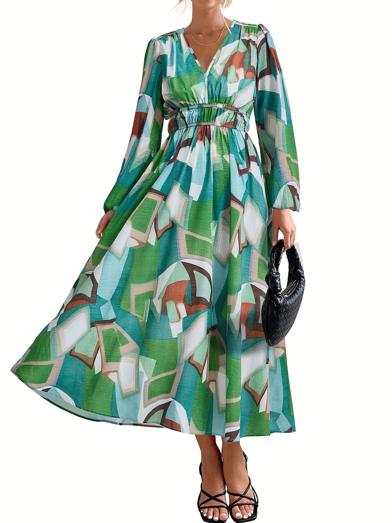 Casual Floral V Neck Long Sleeve Dress