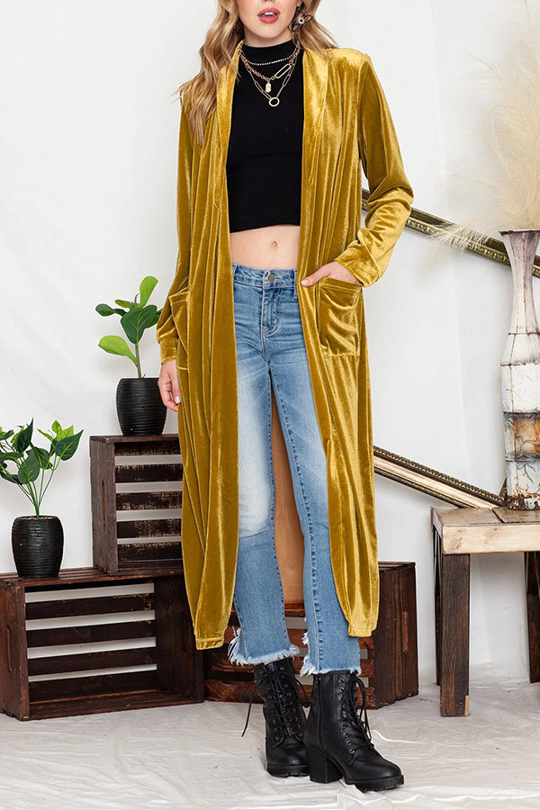 Elegant Yellow Velvet Open Front Pocket Long Coat