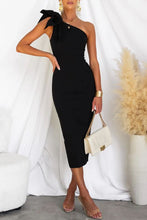 Load image into Gallery viewer, Elegant Bow Detail One Shoulder Bodycon Midi Dress
