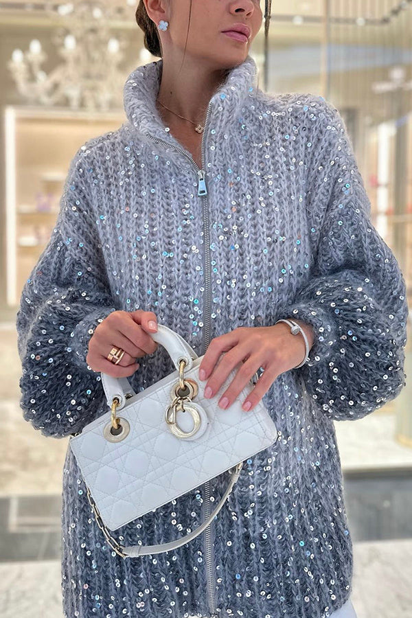 Loose Sequins Long Sleeves Zipper Cardigan